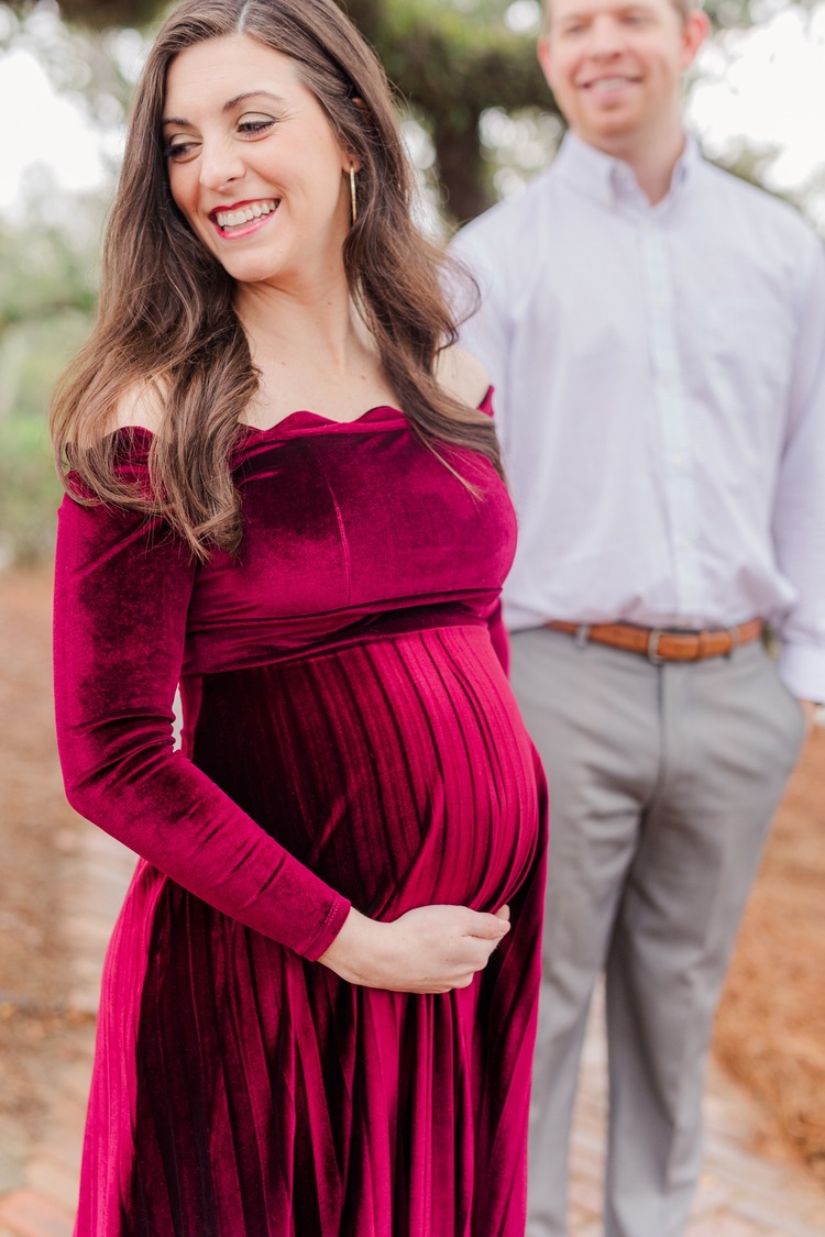 Grand Hotel  Point Clear Alabama Maternity Session   Burgundy Maternity Dress