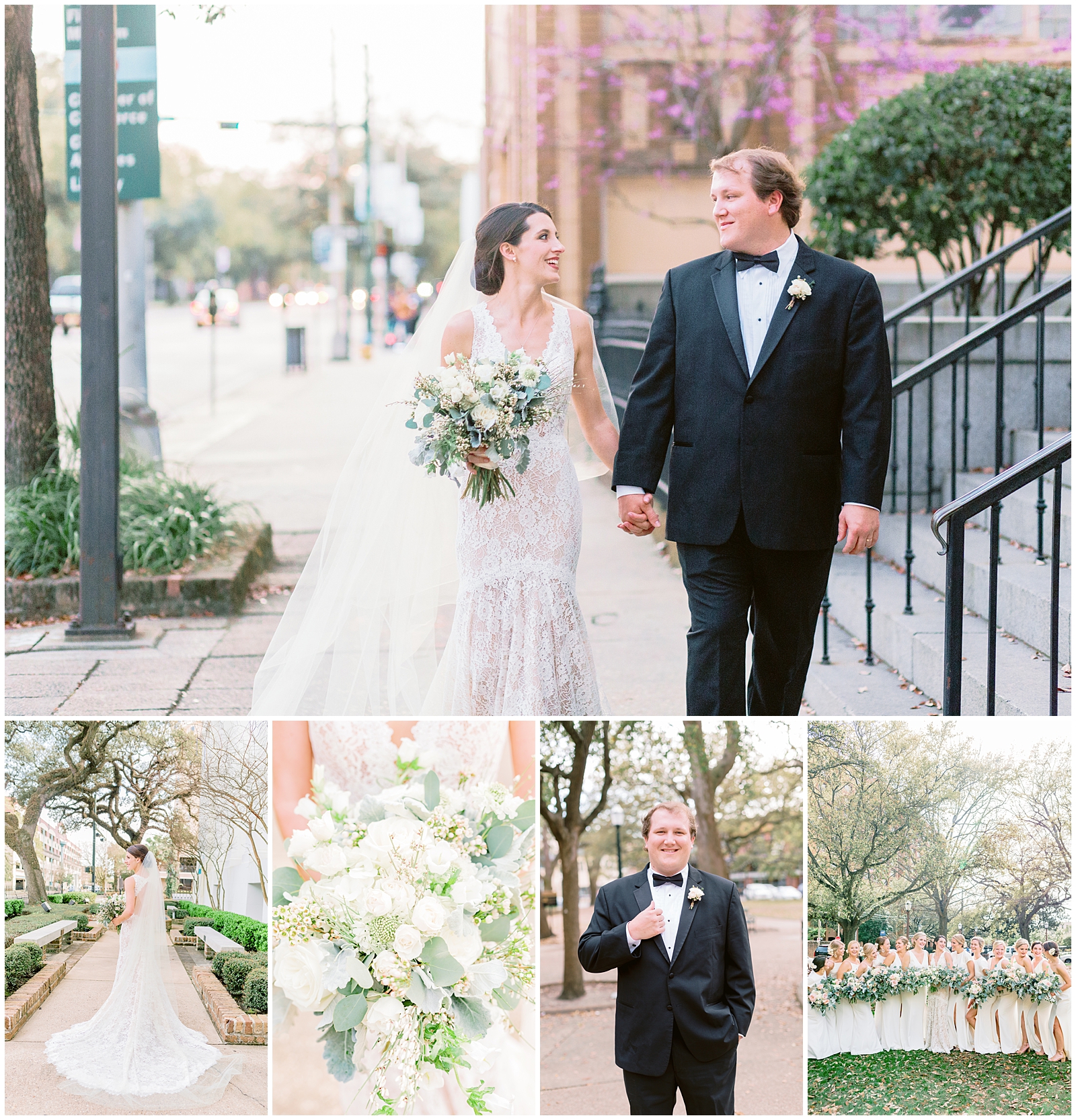 Wedding at The Steeple in Mobile AL. Bride and groom and bridesmaids. All white wedding