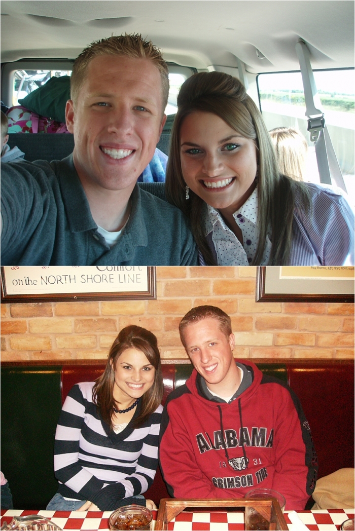 Jennie and Andrew smiling together in snapshots from their first years of marriage